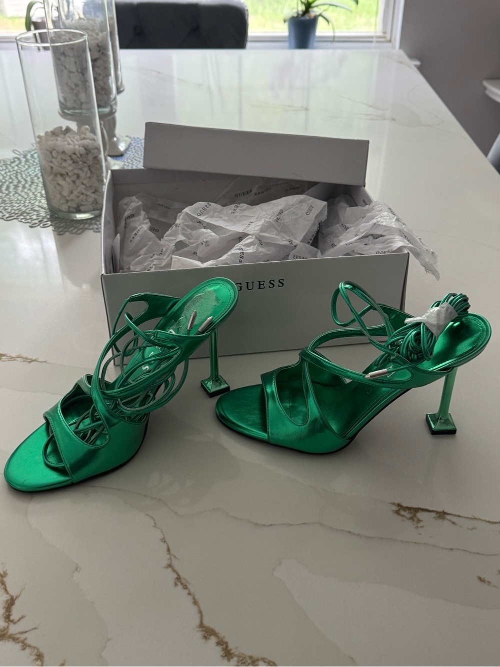 GUESS Metallic Emerald Green Strappy Lace-Up Heels